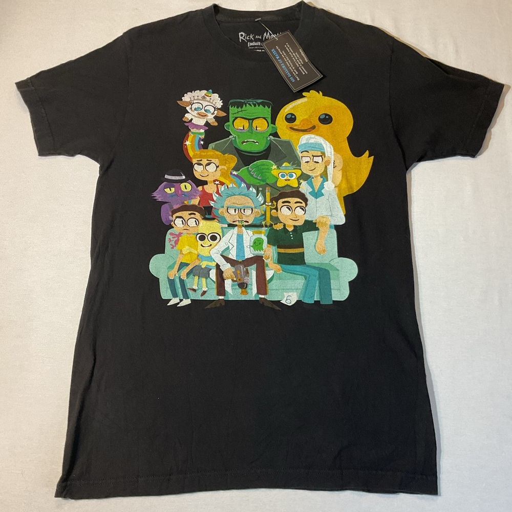 Rick and Morty Frankenstien & Friends Unisex Black Crew Neck T-Shirt Size Medium